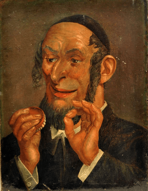 An 18th-century English painting uses the same exaggerated long-nose stereotype.